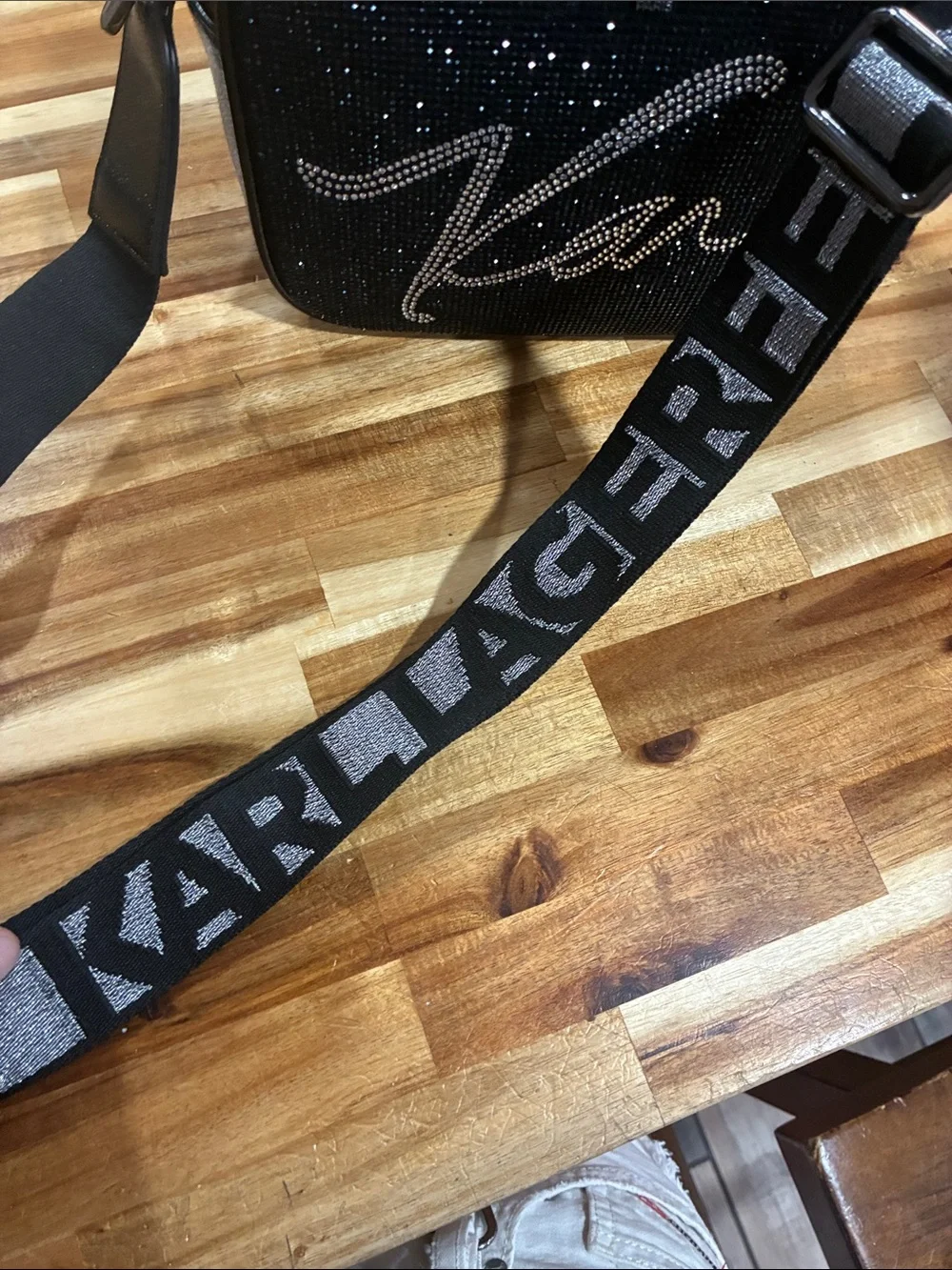 Karl Lagerfeld Black Rhinestone Logo Crossbody with Wide Logo Strap